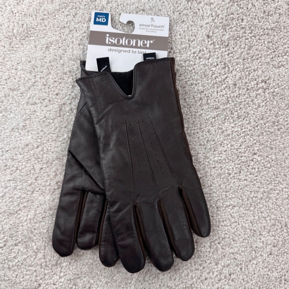 Isotoner Mens Dark Brown Genuine Leather smartTouch Gloves Size Medium